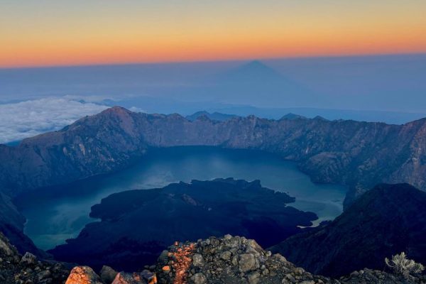 Panoramic view of Segara Anak crater lake during Rinjani trekking at Mount Rinjani Lombok Indonesia