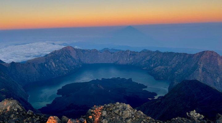 Panoramic view of Segara Anak crater lake during Rinjani trekking at Mount Rinjani Lombok Indonesia